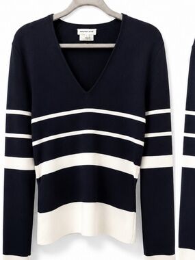 Vintage Mugler Navy & Ivory Striped Knit Top | Deep V-Neck | Long Sleeve  Size L